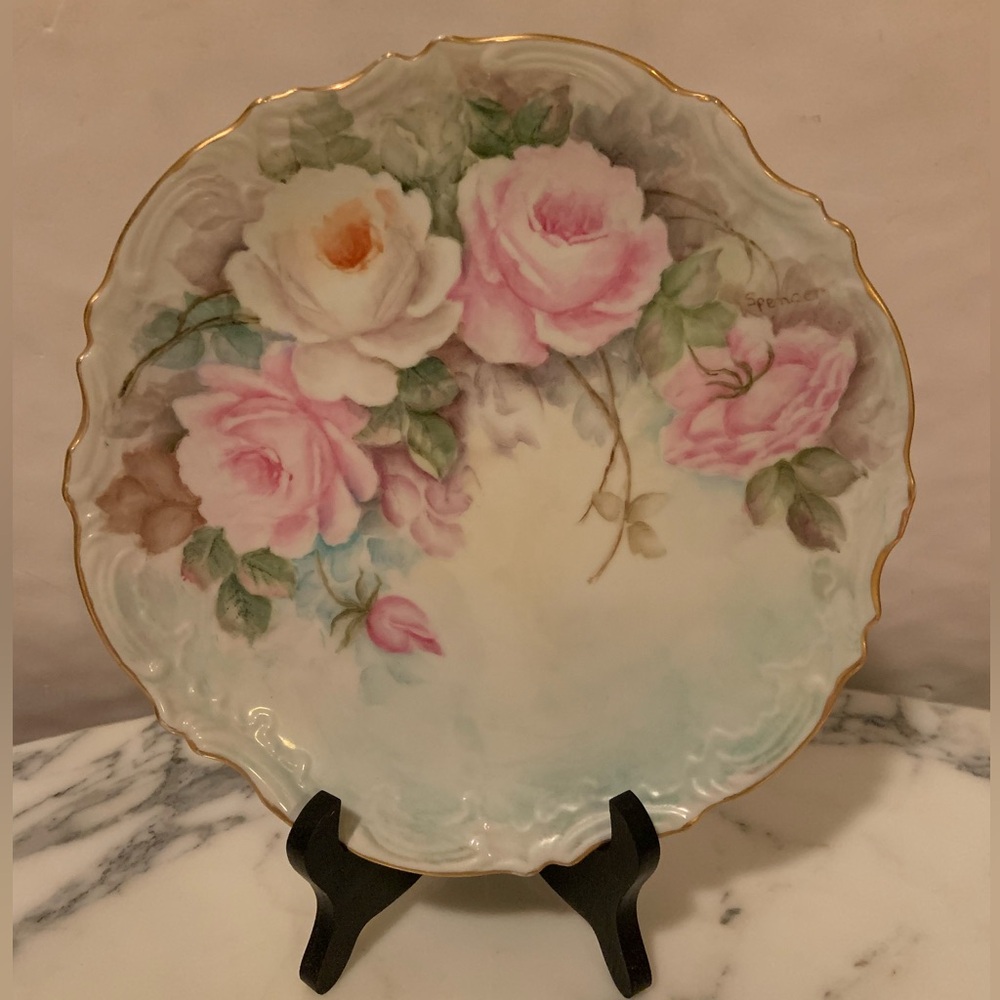 Antique Hand Painted Rose Cabinet Plate-Artist Signed Spencer-Gold Rim
